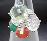 Серебряное кольцо с зеленым аметистом, розовым кварцем, корнелианом и зеленым агатом Серебро 925