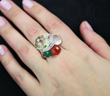 Серебряное кольцо с зеленым аметистом, розовым кварцем, корнелианом и зеленым агатом Серебро 925