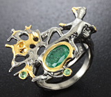 Серебряное кольцо с изумрудом и цаворитами Серебро 925