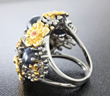 Серебряное кольцо со звездчатыми сапфирами и цветными сапфирами Серебро 925