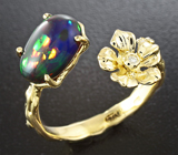 Золотое кольцо с кристаллическим черным опалом 1,62 карат и бриллиантом Золото