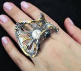 Серебряное кольцо с жемчужиной, черным опалом, цаворитами и сапфирами Серебро 925
