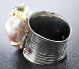 Серебряное кольцо с жемчужиной барокко, изумрудом и пурпурным сапфиром Серебро 925