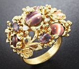 Золотое кольцо с александритами с эффектом «кошачьего глаза» и ограненными 4,54 карат и бриллиантами Золото