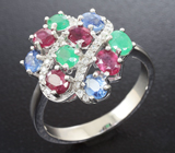 Праздничное серебряное кольцо с изумрудами, рубинами и синими сапфирами Серебро 925