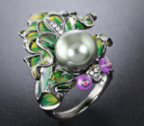 Удивительное серебряное кольцо с цветной жемчужиной Серебро 925