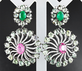 Крупные черненые серебряные серьги с зелеными и розовыми сапфирами и агатами Серебро 925