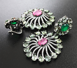 Крупные черненые серебряные серьги с зелеными и розовыми сапфирами и агатами Серебро 925