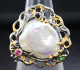 Серебряное кольцо с жемчужиной барокко, сапфиром, цаворитом и рубином Серебро 925