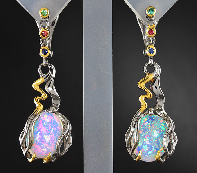 Серебряные серьги с эфиопскими опалами, цаворитами и сапфирам