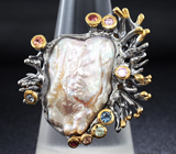 Серебряное кольцо с жемчужиной барокко и разноцветными сапфирами