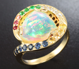 Золотое кольцо с превосходным эфиопским опалом 4,27 карат, сапфирами и цаворитами Золото