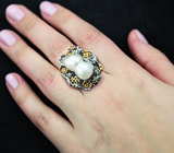 Серебряное кольцо с жемчужиной барокко, сапфирами, цаворитом и родолитом Серебро 925