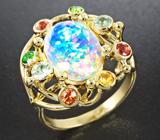 Золотое кольцо с фантастическим ограненным эфиопским опалом 2,46 карат, сапфирами и цаворитами Золото