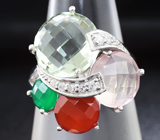 Эффектное серебряное кольцо с зеленым аметистом, розовым кварцем, корнелианом и зеленым агатом Серебро 925