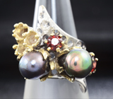 Серебряное кольцо с цветным жемчугом и мозамбикскими гранатами Серебро 925
