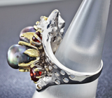 Серебряное кольцо с цветным жемчугом и мозамбикскими гранатами Серебро 925