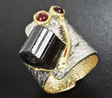 Серебряное кольцо с черным турмалином шерлом и гранатами Серебро 925