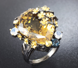 Роскошное крупное серебряное кольцо с крупным цитрином, диопсидом, насыщенно-синим топазом и лунным камнем Серебро 925