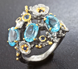 Серебряное кольцо с голубыми топазами и сапфирами Серебро 925