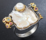 Серебряное кольцо с жемчугом и разноцветными сапфирами Серебро 925