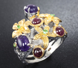 Серебряное кольцо с аметистами, сапфирами и цаворитами Серебро 925