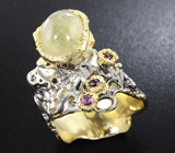 Серебряное кольцо с пастельно-желтым сапфиром и родолитами Серебро 925
