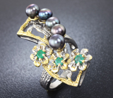 Серебряное кольцо с цветным жемчугом и изумрудами Серебро 925