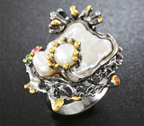 Серебряное кольцо с жемчугом, цаворитом и сапфирами Серебро 925