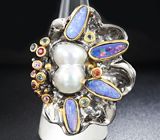 Серебряное кольцо с жемчужиной барокко, австралийскими дублет опалами и разноцветными сапфирами Серебро 925