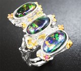 Серебряное кольцо с кристаллическими черными опалами и разноцветными сапфирами Серебро 925