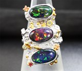 Серебряное кольцо с кристаллическими черными опалами и разноцветными сапфирами Серебро 925