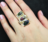 Серебряное кольцо с кристаллическими черными опалами и разноцветными сапфирами Серебро 925