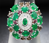 Яркое серебряное кольцо с зелеными агатами, родолитами и дымчатым кварцем Серебро 925
