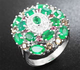 Яркое серебряное кольцо с зелеными агатами, родолитами и дымчатым кварцем Серебро 925