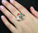 Серебряное кольцо с празиолитом, розовым кварцем, корнелианом, зеленым агатом и кубиком циркония Серебро 925
