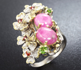 Серебряное кольцо с розовыми сапфирами, цаворитом и мозамбикскими гранатами Серебро 925