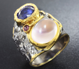 Серебряное кольцо с розовым кварцем, синим сапфиром и родолитом Серебро 925