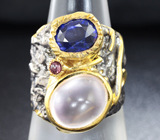 Серебряное кольцо с розовым кварцем, синим сапфиром и родолитом Серебро 925