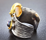Серебряное кольцо с жемчугом, родолитом и синим сапфиром Серебро 925