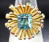 Кольцо с синим турмалином, рубинами и цаворитами гранатами