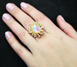 Золотое кольцо с топовым ограненными эфиопским опалом 3,41 карат, бриллиантами, рубинами, синими сапфирами и цаворитами Золото