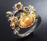 Серебряное кольцо с солнечным камнем и мозамбикскими гранатами Серебро 925