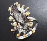 Серебряное кольцо с осколком метеорита Кампо-дель-Сьело и сапфирами Серебро 925