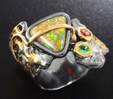 Серебряное кольцо с кристаллическим эфиопским опалом, цаворитом и сапфирами Серебро 925