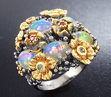 Серебряное кольцо с кристаллическими эфиопскими опалами и разноцветными сапфирами Серебро 925