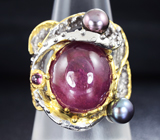 Серебряное кольцо с рубином, цветным жемчугом и родолитами Серебро 925