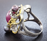 Серебряное кольцо с рубином, цветным жемчугом и родолитами Серебро 925