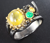 Серебряное кольцо c желтым сапфиром, цитрином и зеленым агатом Серебро 925