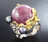 Серебряное кольцо с рубином и цветным жемчугом Серебро 925